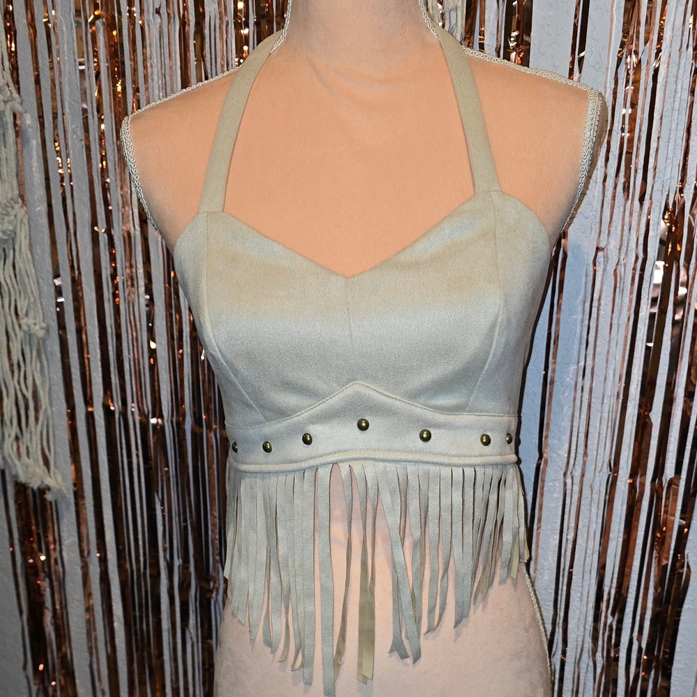Cheyenne Cream Suede Halter Fringe Crop Top